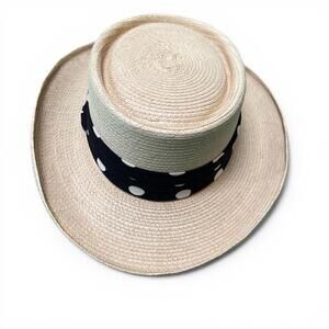 Vtg Wide Brim Straw Hat with Black and White Polka Dot Band
